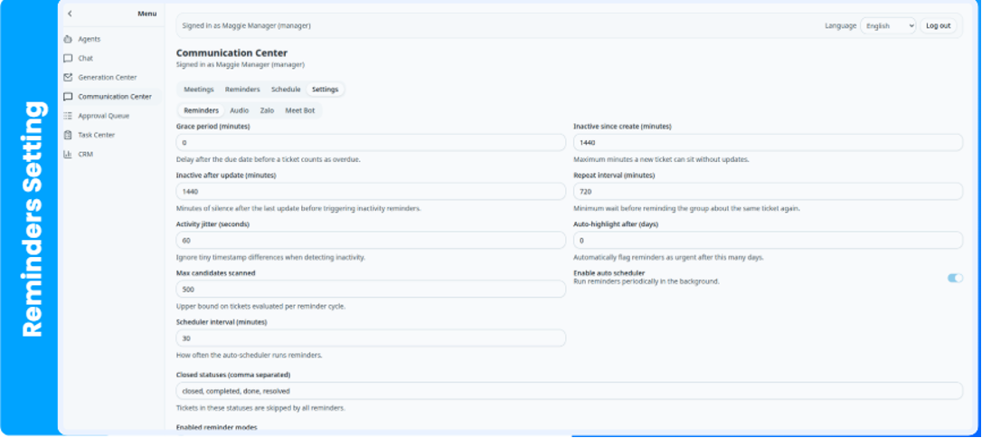 The Settings module configures the automated reminder and scheduling system